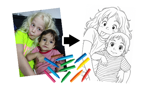 Foto de crianças transformada em desenho para colorir