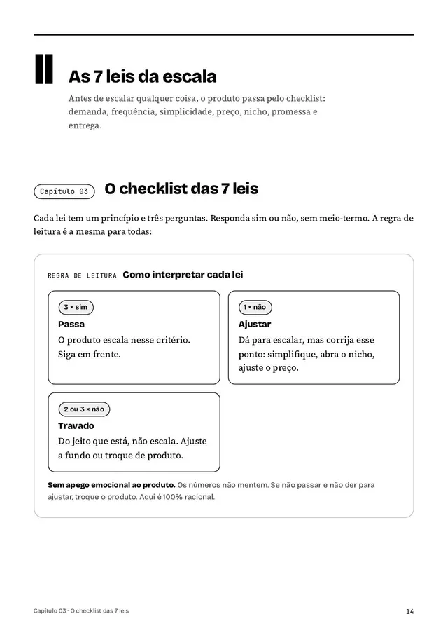Página do capítulo 03, O checklist das 7 leis, com a regra de leitura passa, ajustar ou travado