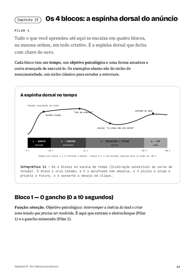 Página do capítulo 15 com o infográfico dos 4 blocos do anúncio no tempo